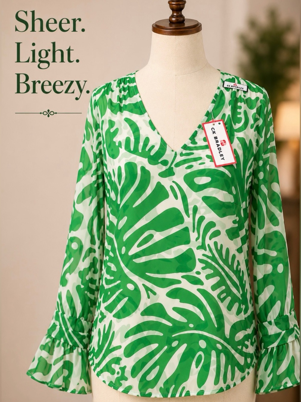 NWT CK Bradley Tropical Print Sheer Blouse XS Green White Ruffle Sleeve V-Neck